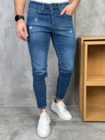 Muške plave slim fit farmerice – grebane - Slika 6