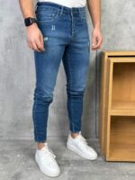 Muške plave slim fit farmerice – grebane - Slika 4