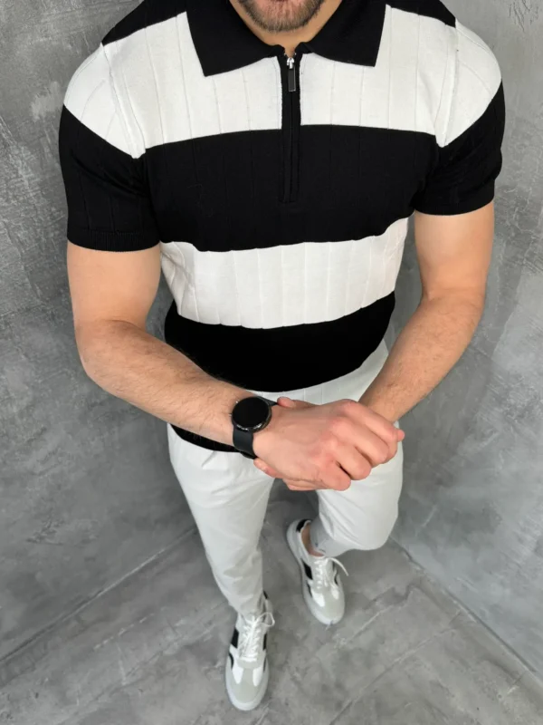 muska polo majica sa zipom i sirokim prugama crno bela cc7783 slika 2