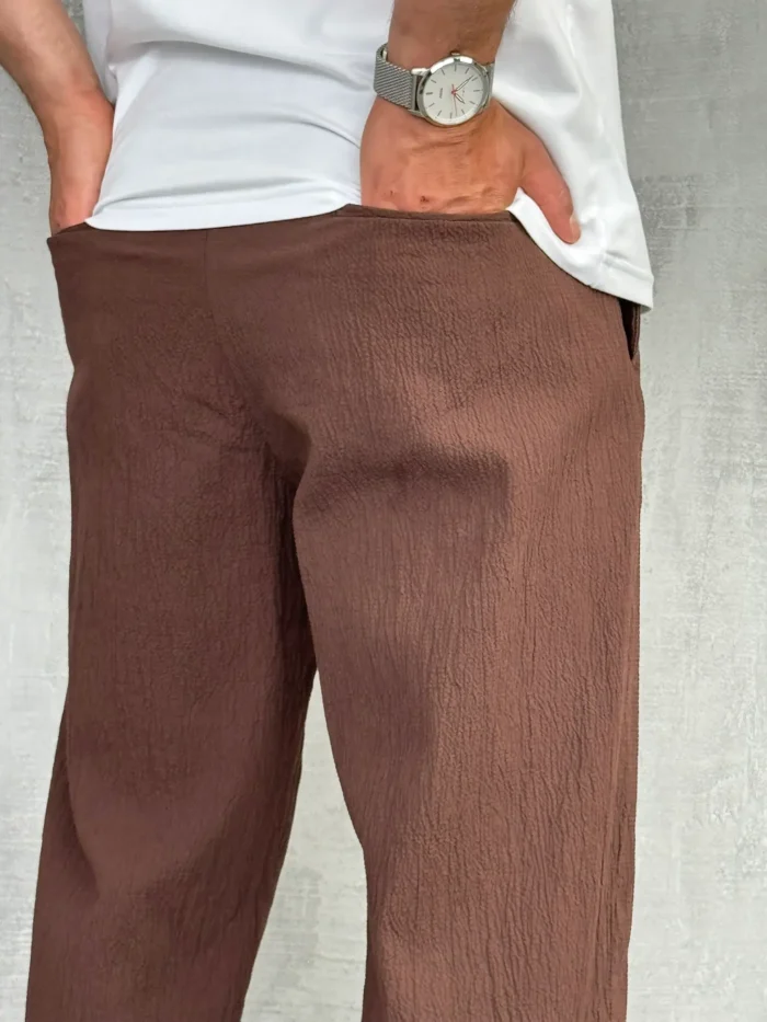 muske pantalone letnje siroke braon sa lastikom oko pojasa pzr5058 slika 4