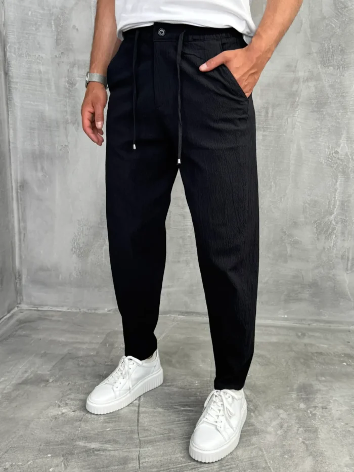 muske pantalone letnje siroke crne sa lastikom oko pojasa pzr5058 slika 3