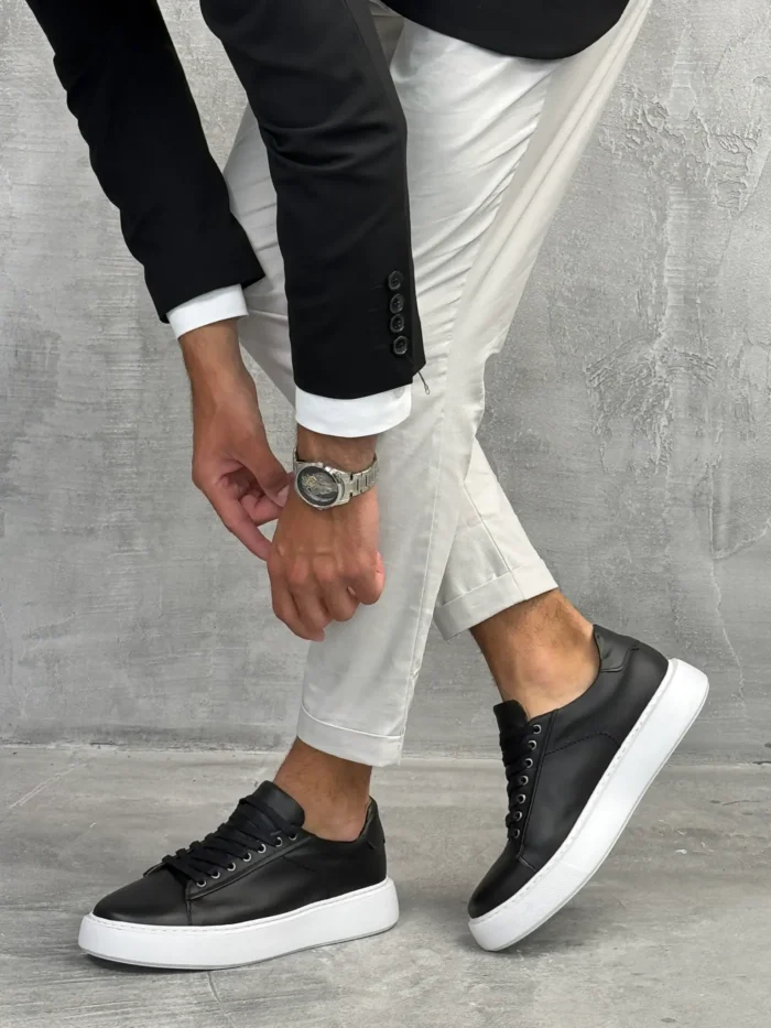 muske patike sportsko elegantne crne kozne sa belim djonom slika 3