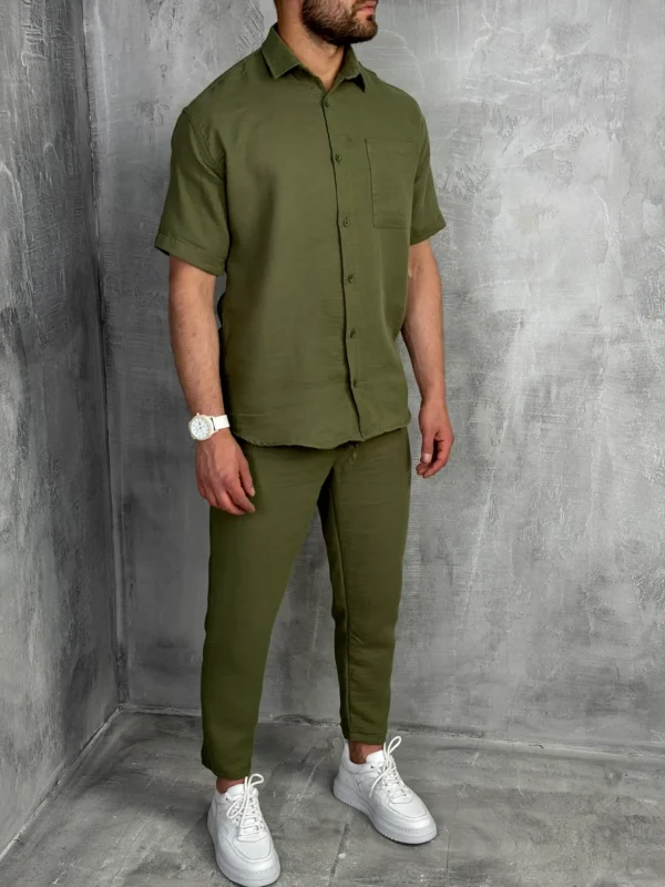 pamucni letni komplet maslinasti pantalone i kosulja pzr1908 slika 4