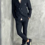 Muško dvoredno odelo na pruge – teget slim fit odelo