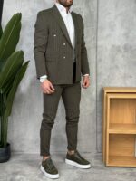 Muško prugasto dvoredno odelo slim fit maslinasto zelena - Slika 9