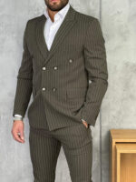 Muško prugasto dvoredno odelo slim fit maslinasto zelena - Slika 2
