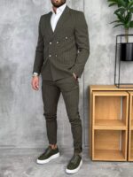 Muško prugasto dvoredno odelo slim fit maslinasto zelena - Slika 8