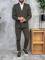 Muško prugasto dvoredno odelo slim fit maslinasto zelena - Slika 7