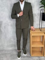 Muško prugasto dvoredno odelo slim fit maslinasto zelena - Slika 6