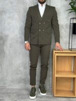 Muško prugasto dvoredno odelo slim fit maslinasto zelena - Slika 5