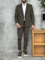 Muško prugasto dvoredno odelo slim fit maslinasto zelena - Slika 4