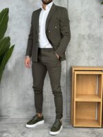 Muško prugasto dvoredno odelo slim fit maslinasto zelena